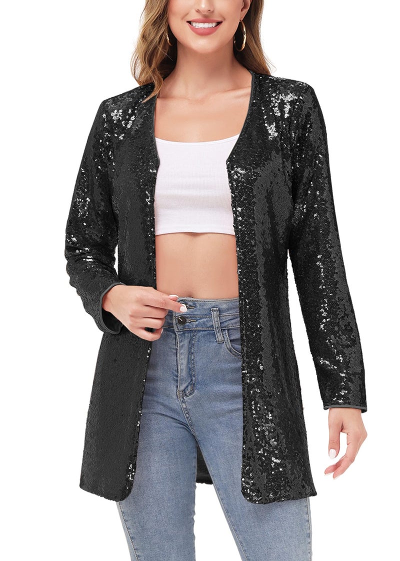 Anna-Kaci Women's Open Front Sequin Coat Las Vegas Blazer Party Club Cocktail Jacket Outerwear, Black, Large - Image 1